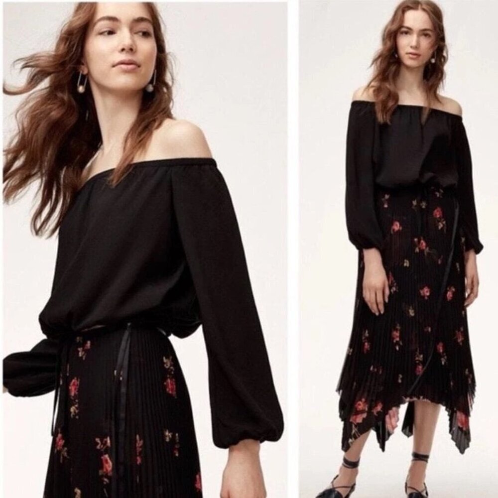 Aritzia Wilfred Eleanora Blouse Top Size XS Black Cropped Off Shoulder Tie Front - Picture 2 of 9